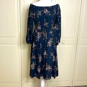LOFT Women’s Off Shoulder Navy Blue Floral Balloon Sleeve Midi Dress Size Small
